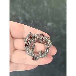 925 Sterling Silver Marcasite Garnet Floral Shaped Brooch Vintage